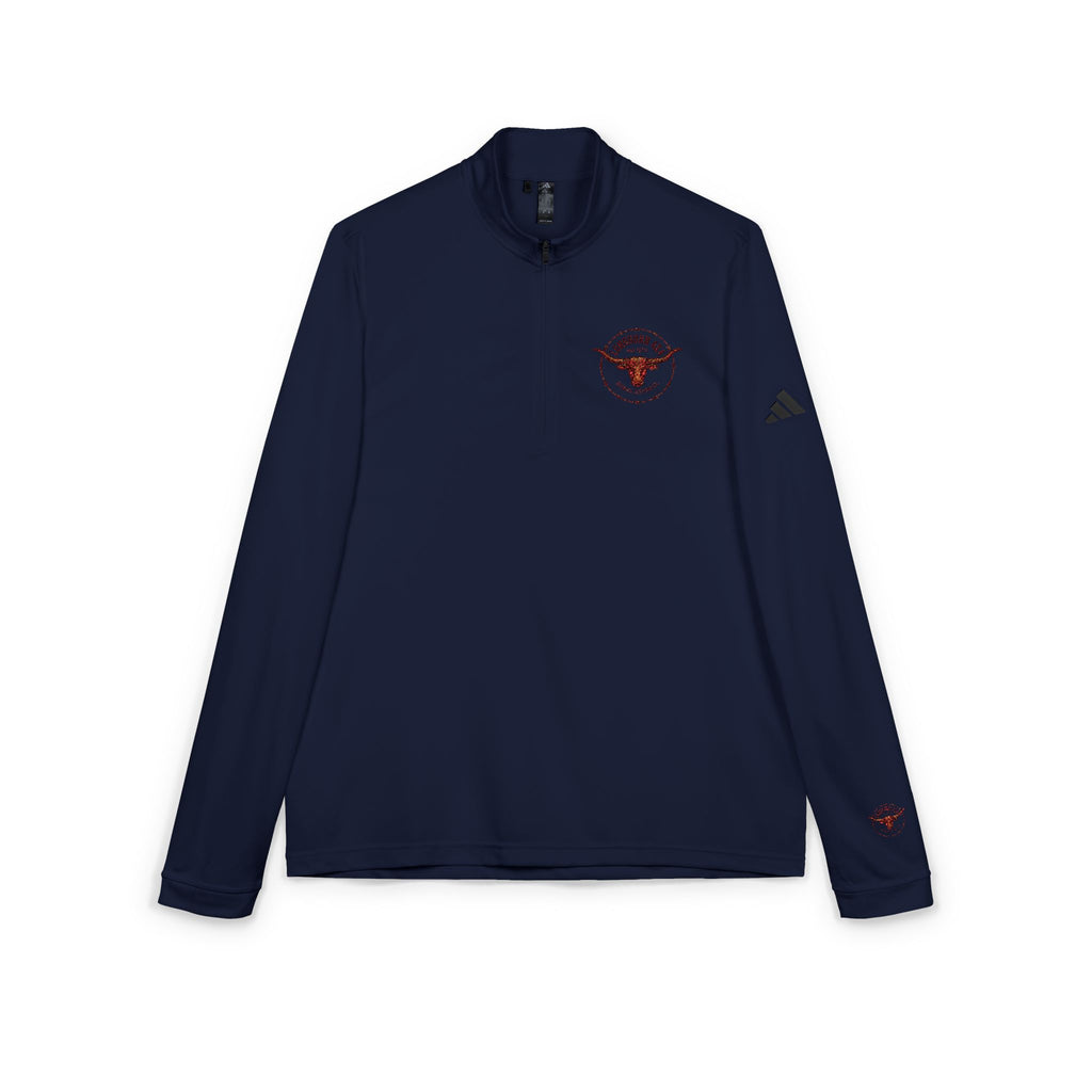 Embroidered Quarter-Zip Pullover — Minimal Red Wreath Logo