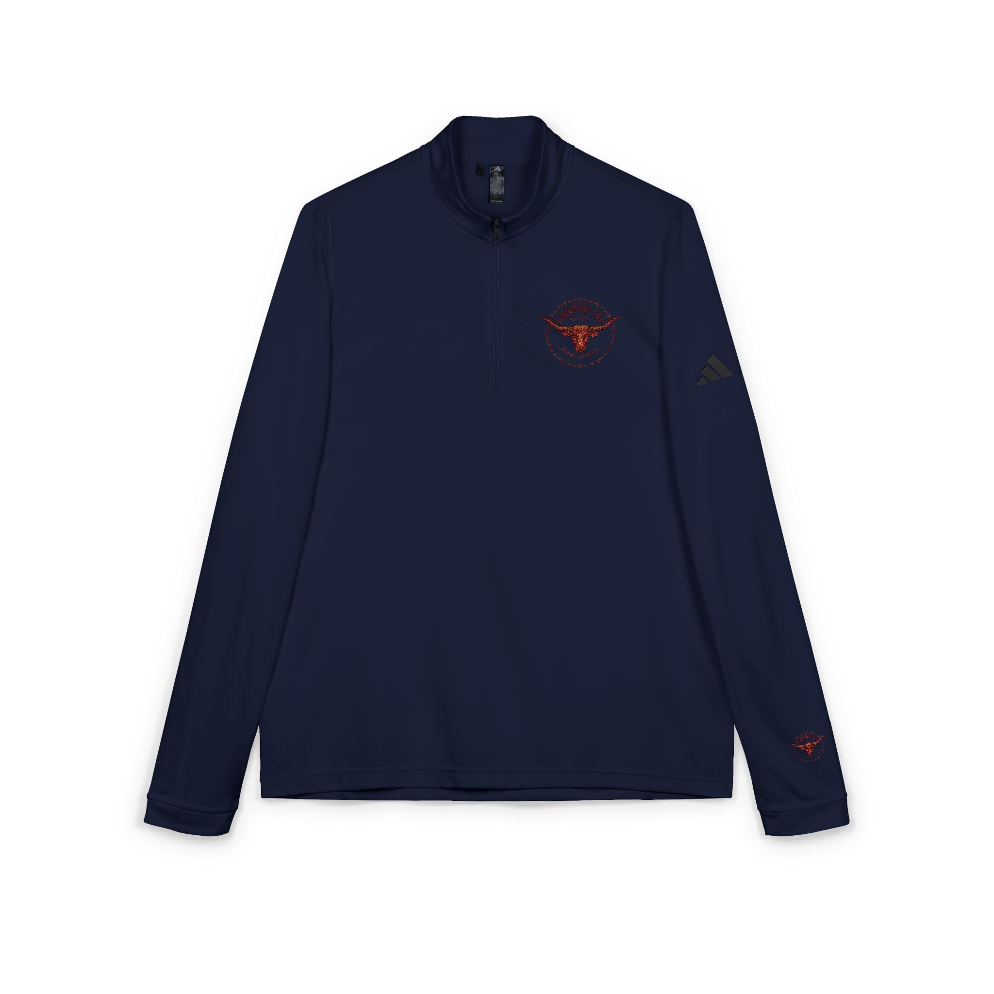 Embroidered Quarter-Zip Pullover — Minimal Red Wreath Logo