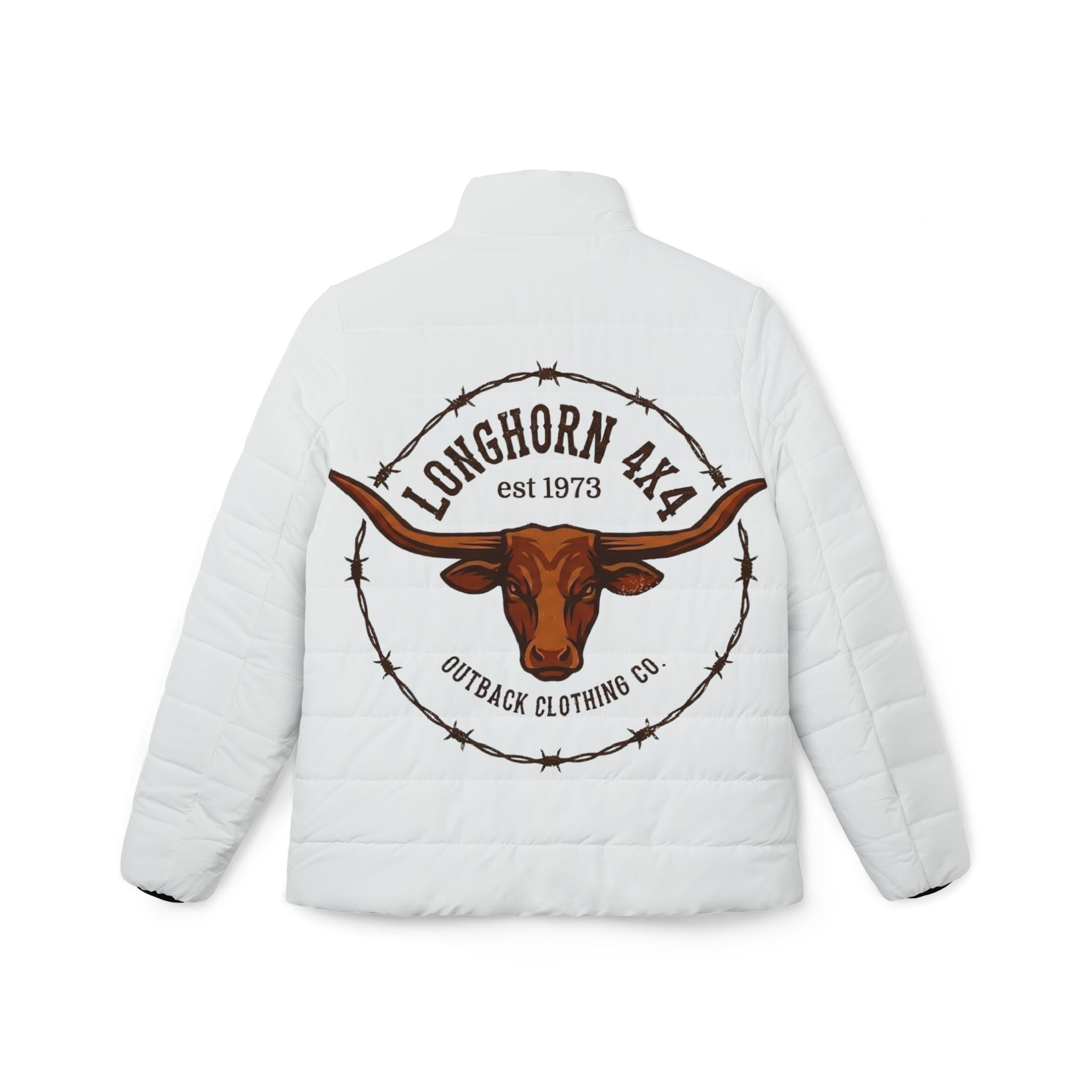 White jacket with a longhorn design and text on the back against a white background