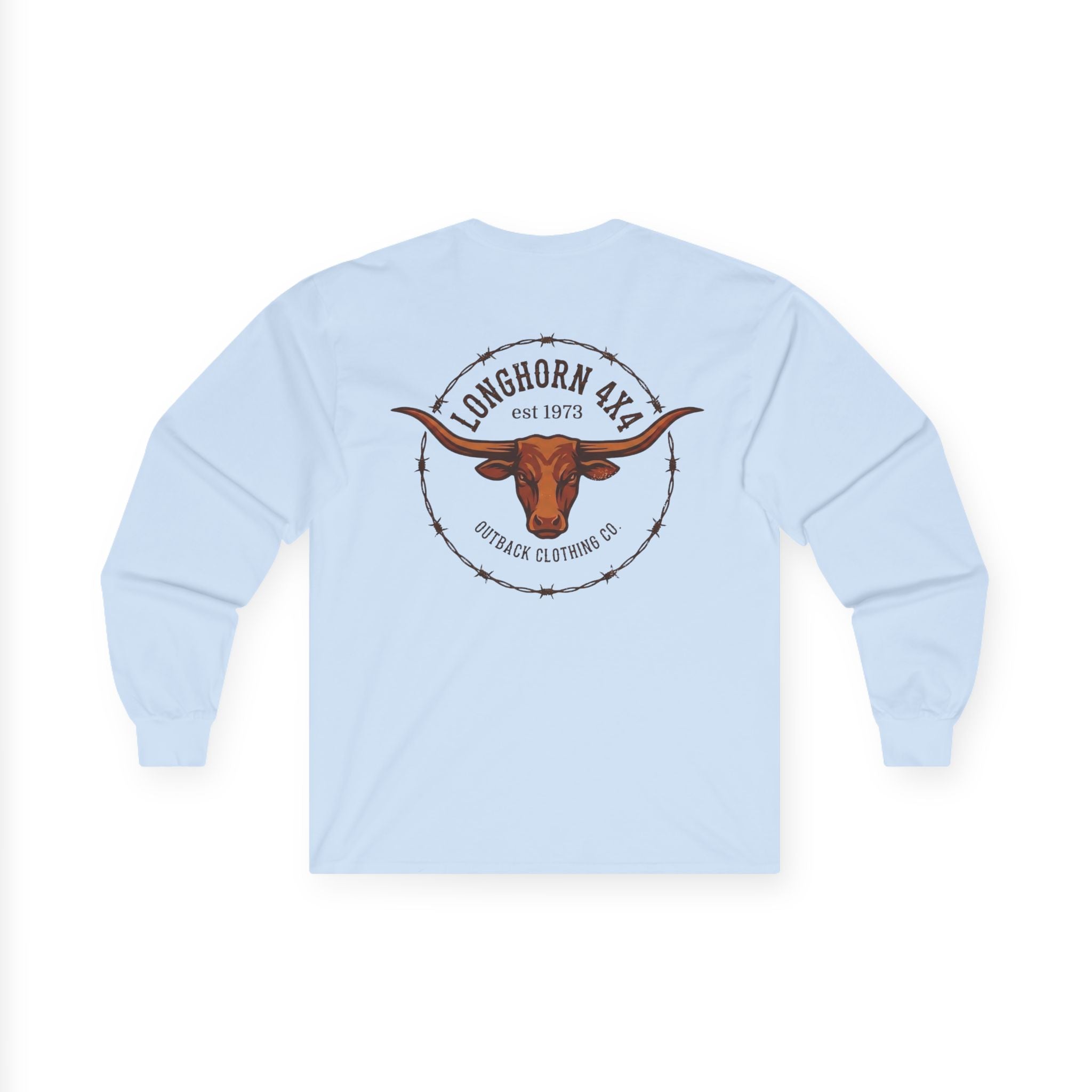Light blue long-sleeve shirt with a bull head and barbed wire design on the back, on a white background.