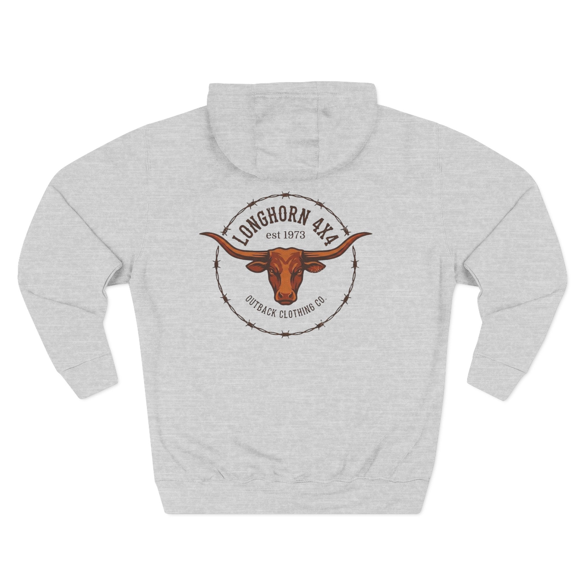 Gray hoodie with a longhorn logo on a white background