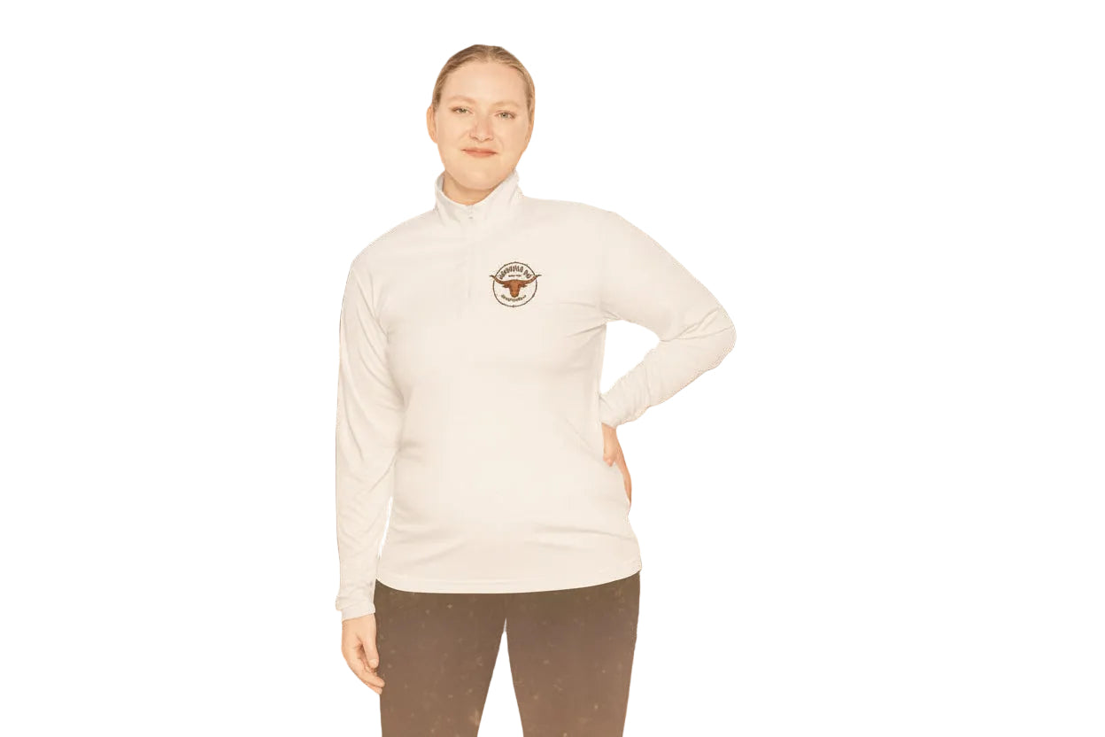Woman wearing a white long-sleeve shirt with a logo on a white background 