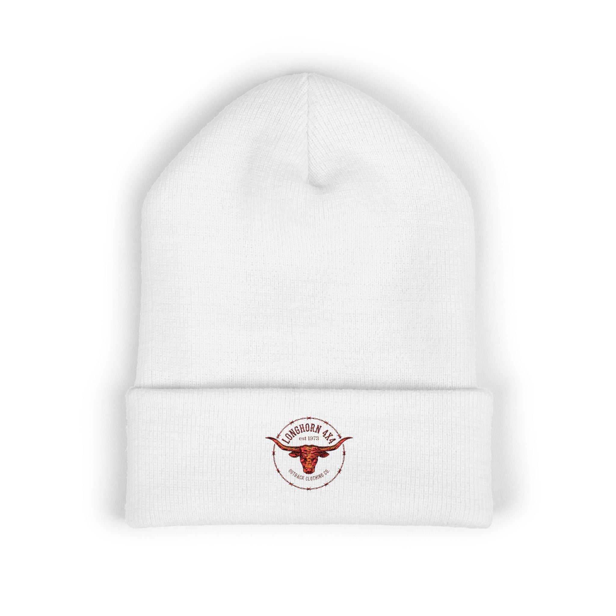White beanie with a red and brown logo on a white background