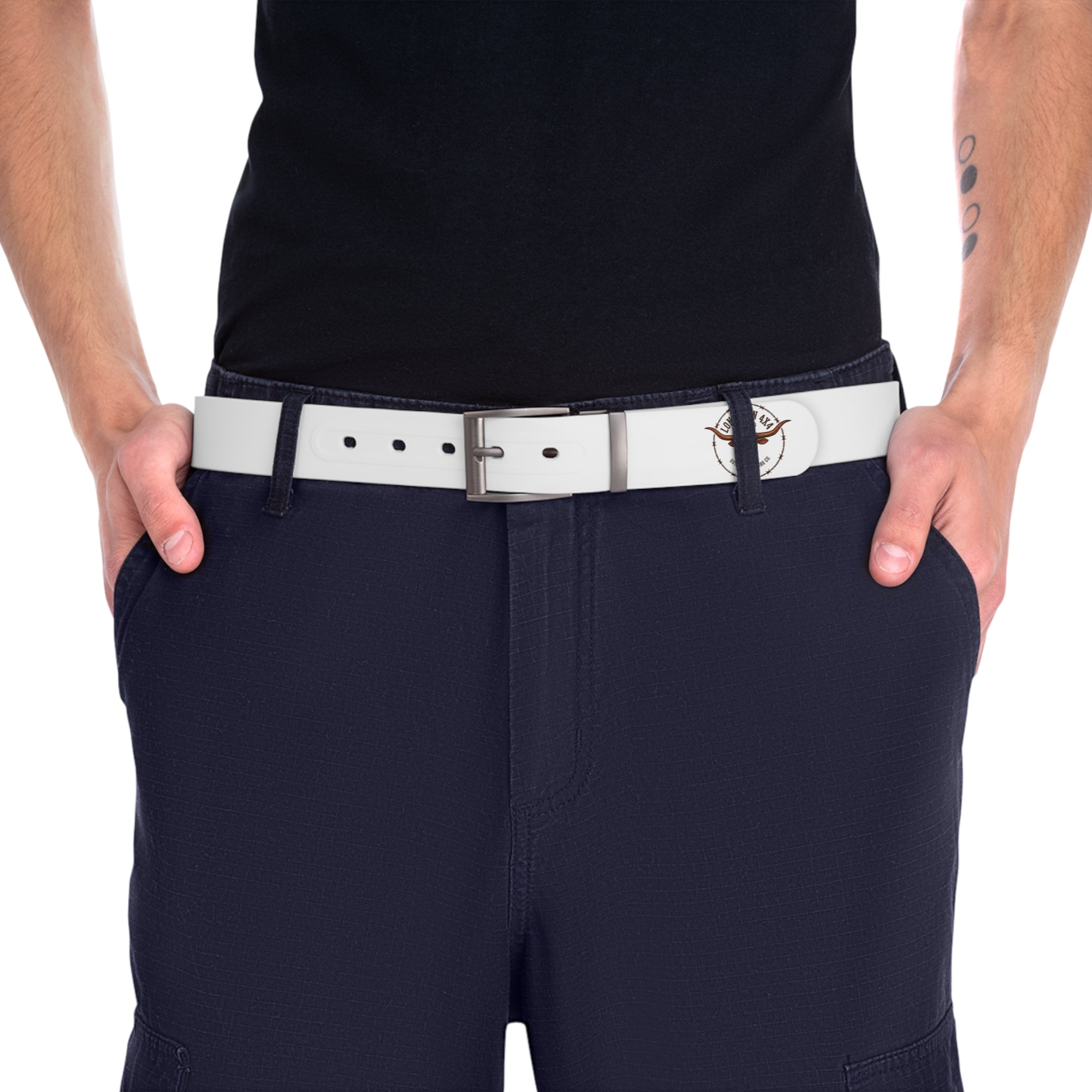 Person wearing navy pants with a white belt on a white background