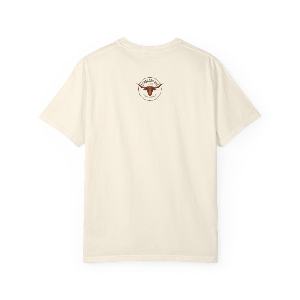 Beige t-shirt with a logo on the back against a white background