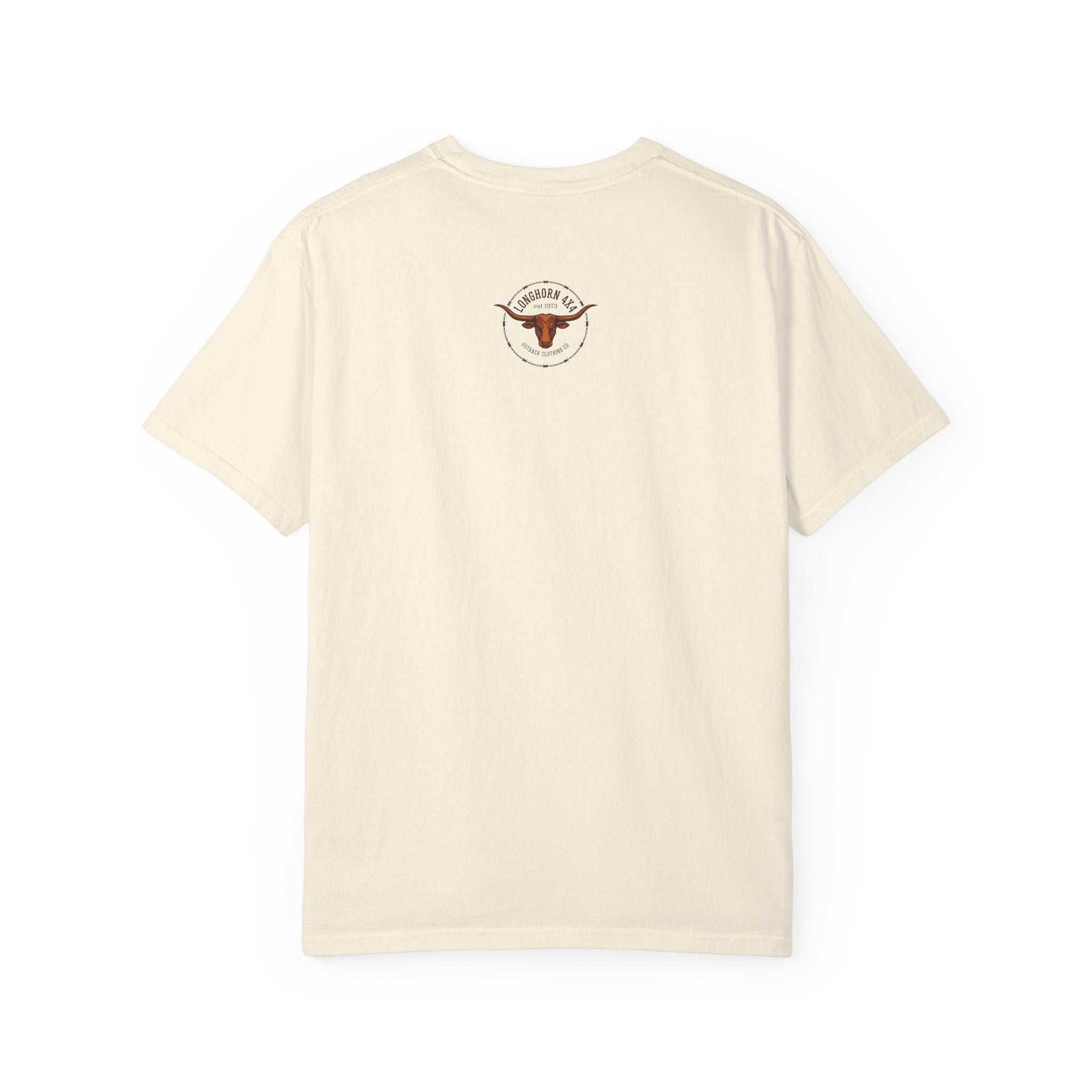 Beige t-shirt with a logo on the back against a white background