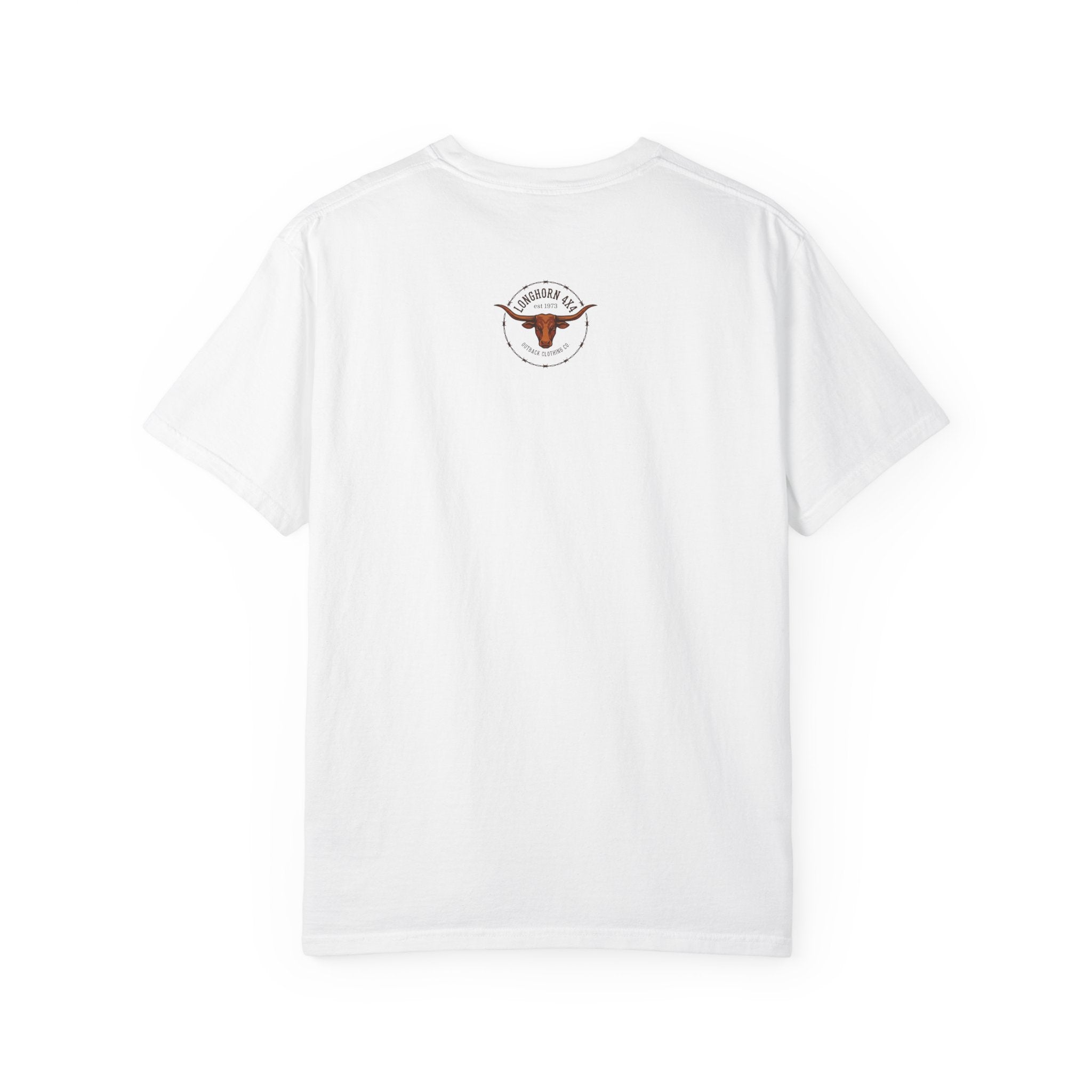 White t-shirt with a logo on the back against a white background