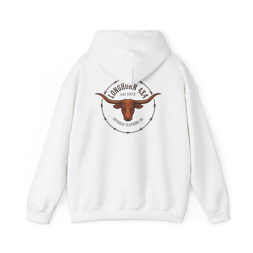 White hoodie with a logo on the back featuring a longhorn and text, on a white background