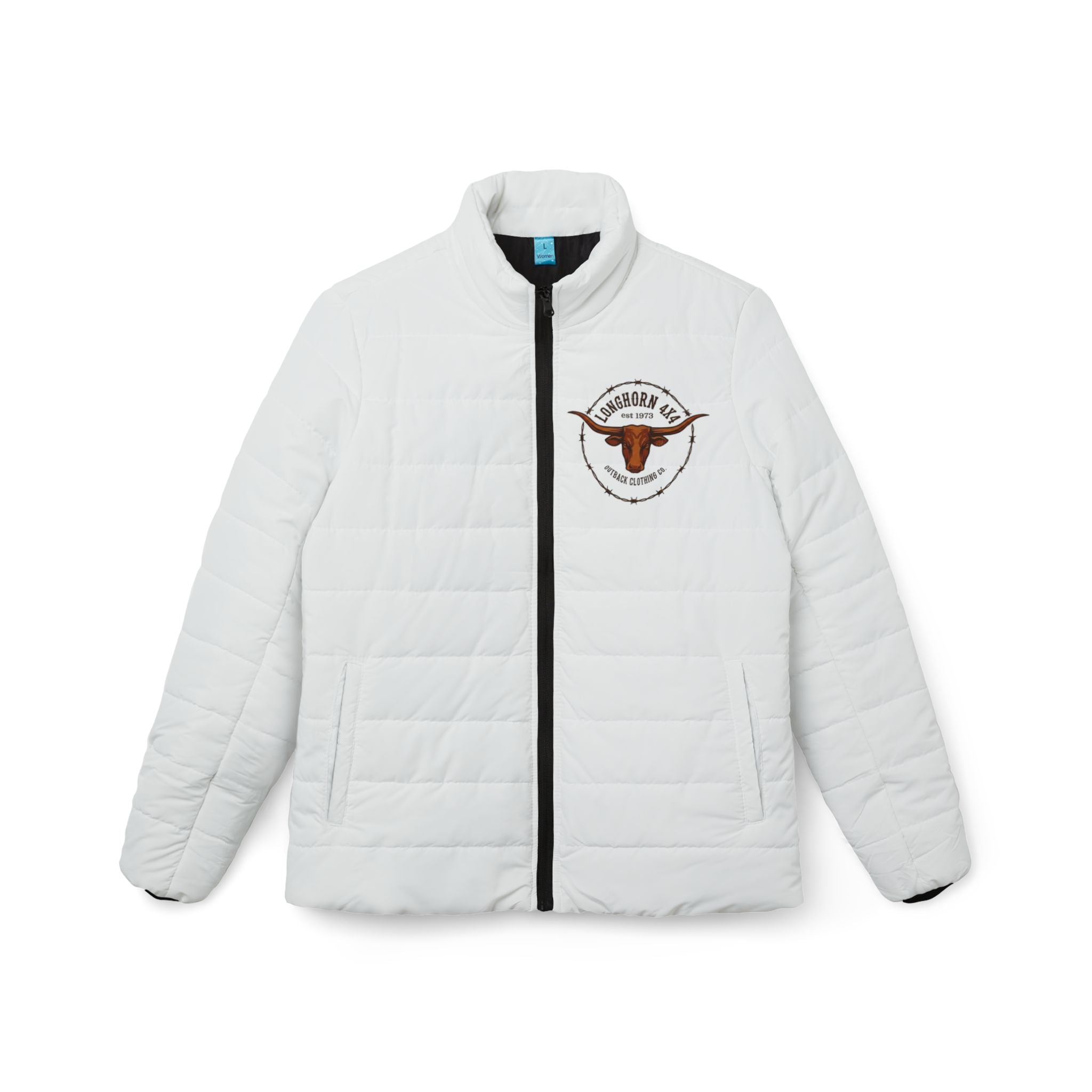 White puffer jacket with a logo on a white background