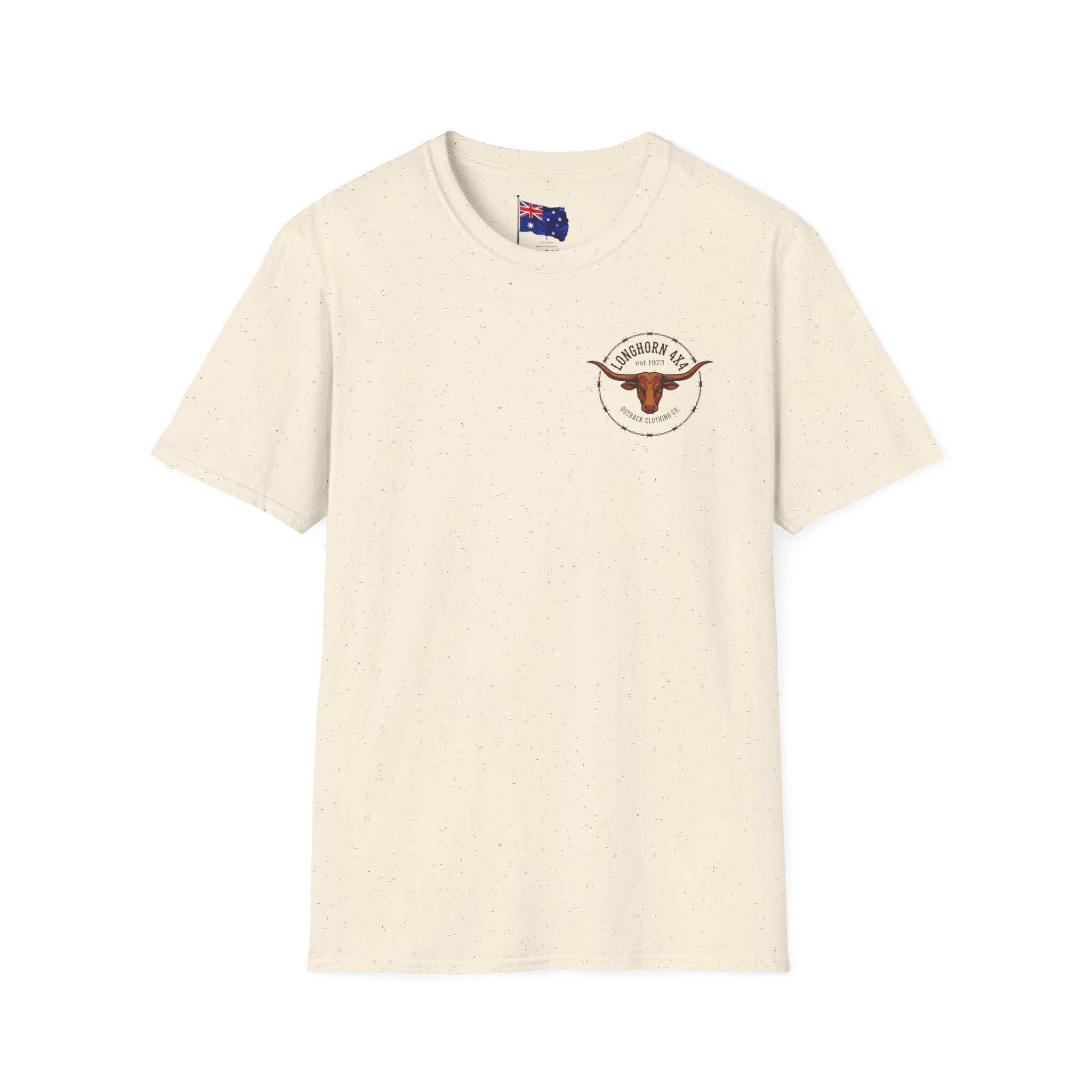 Beige t-shirt with a logo on a white background