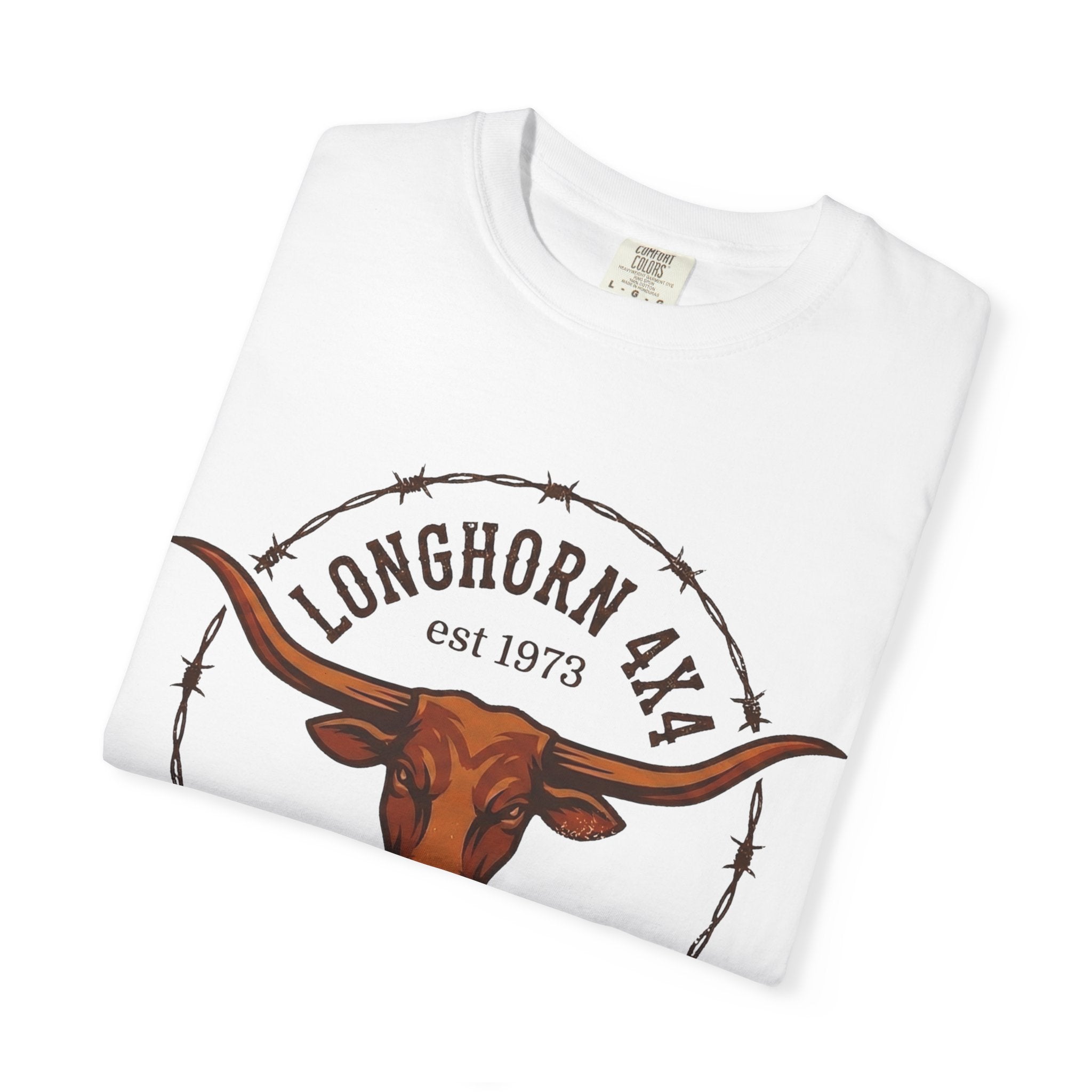 White t-shirt with longhorn bull graphic and 'Longhorn 4x4' text on a white background