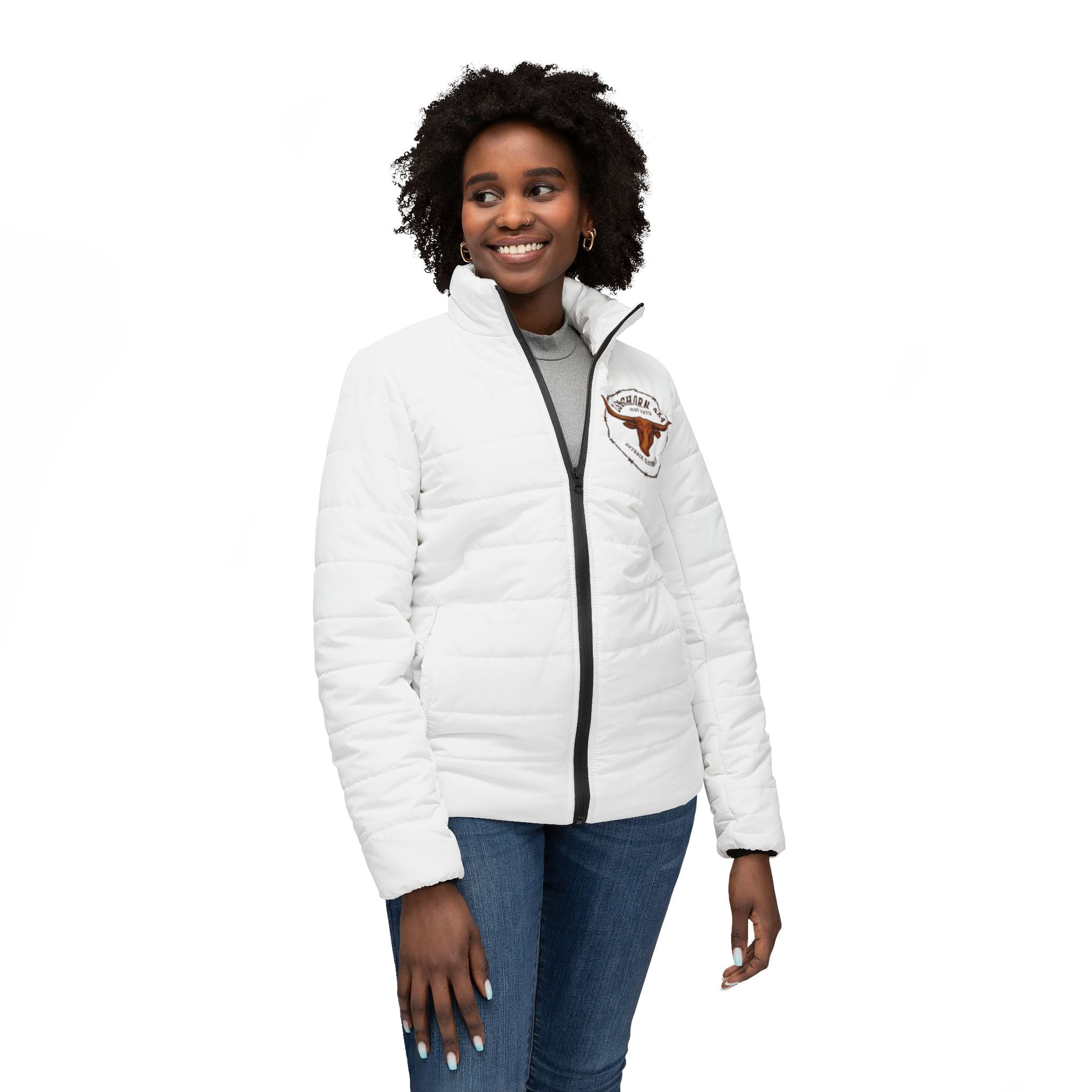Woman wearing a white jacket with a logo on a white background