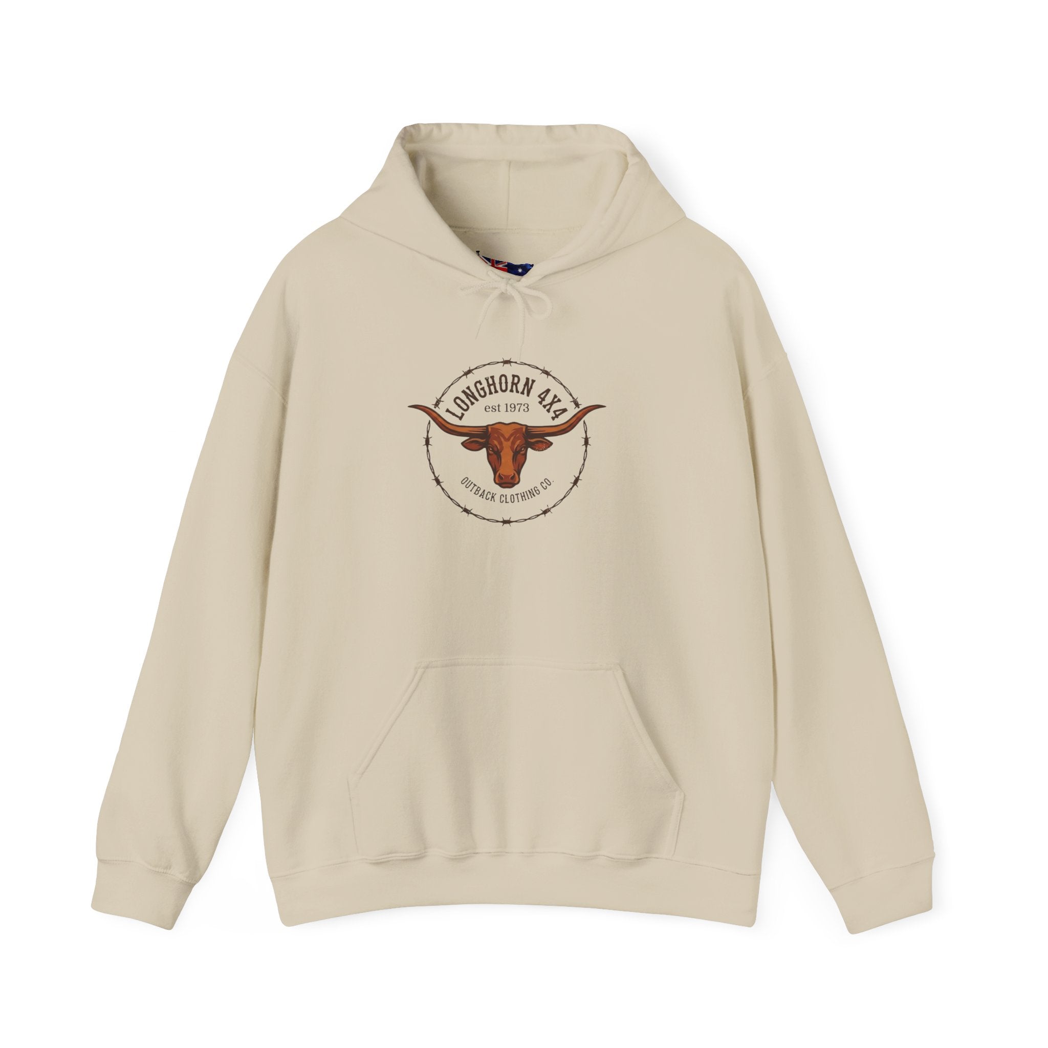 Beige hoodie with a logo on a white background