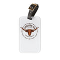 Luggage tag with longhorn logo and text on a white background