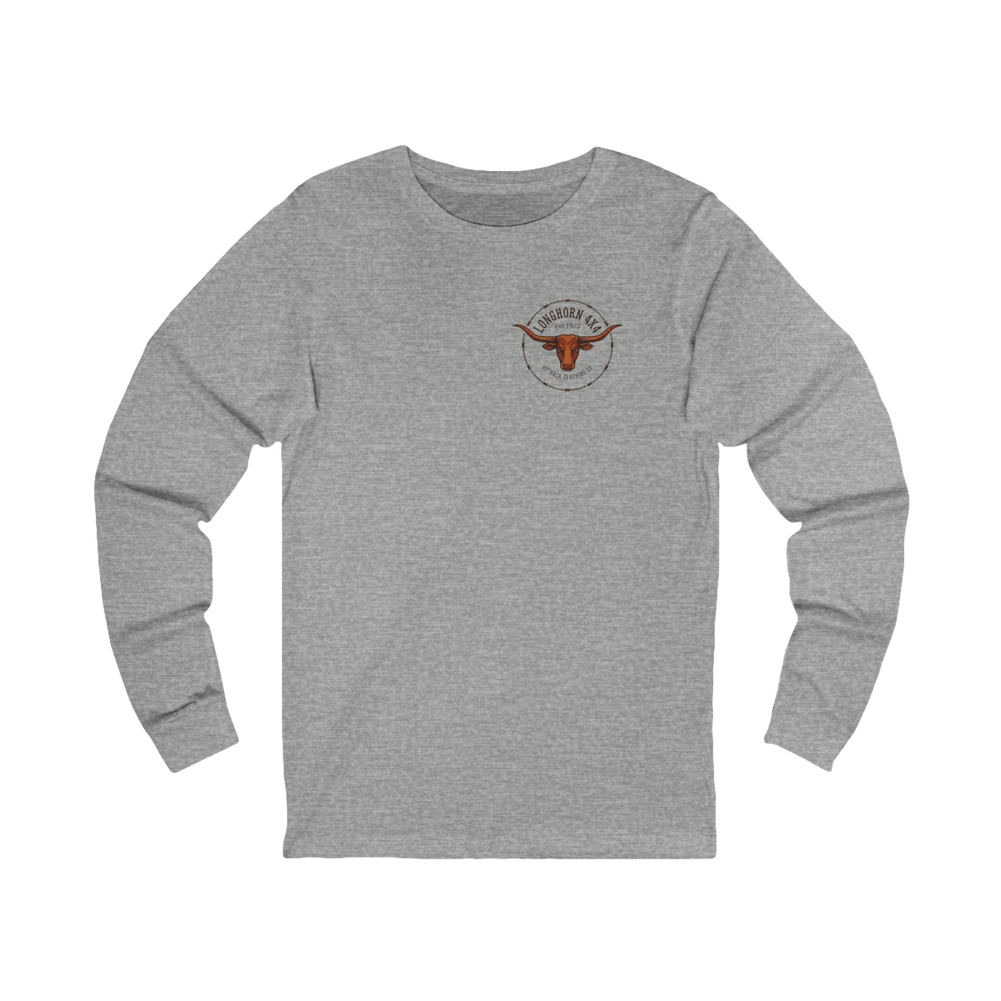 Gray long-sleeve shirt with a logo on a white background