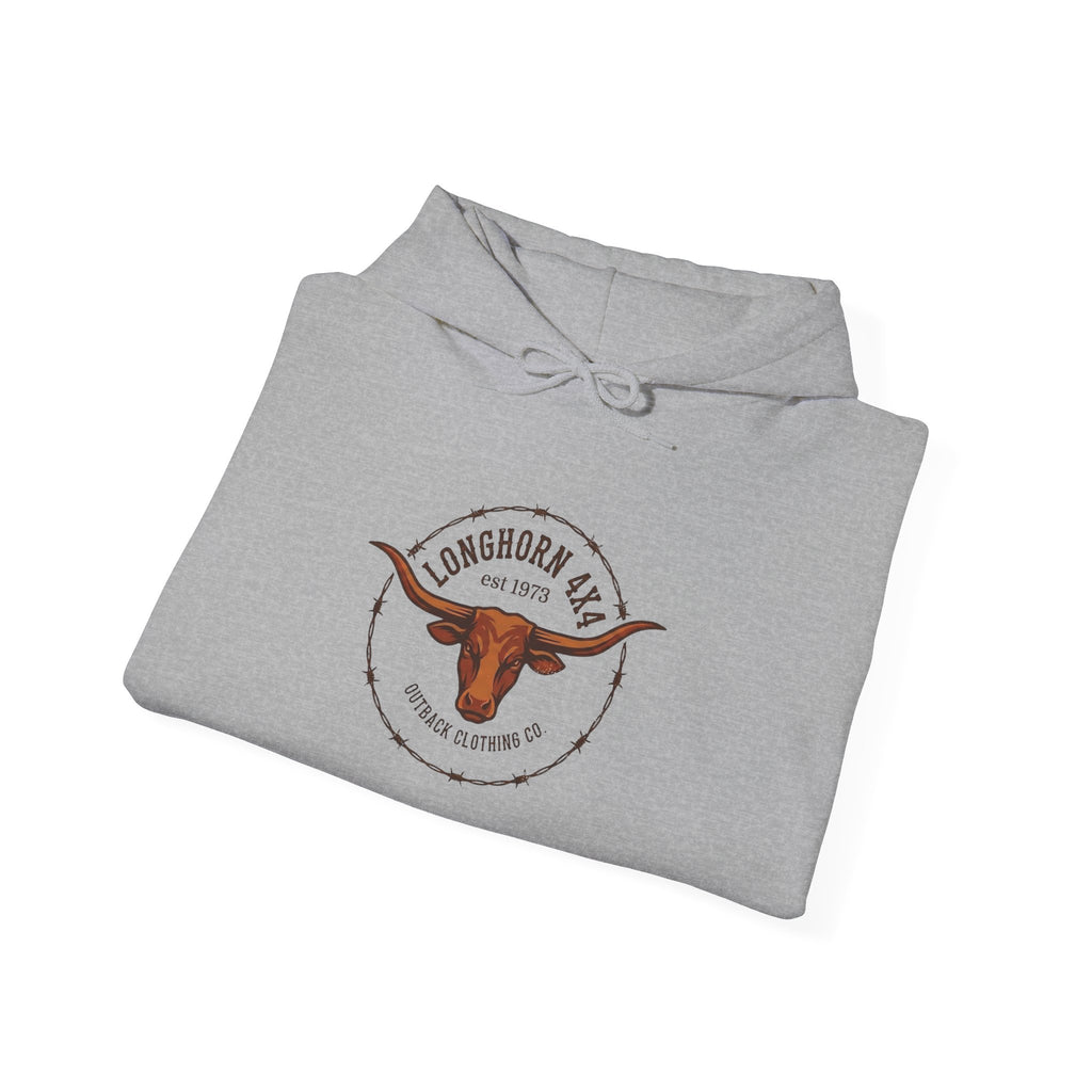 Folded gray hoodie with a longhorn logo on a white background