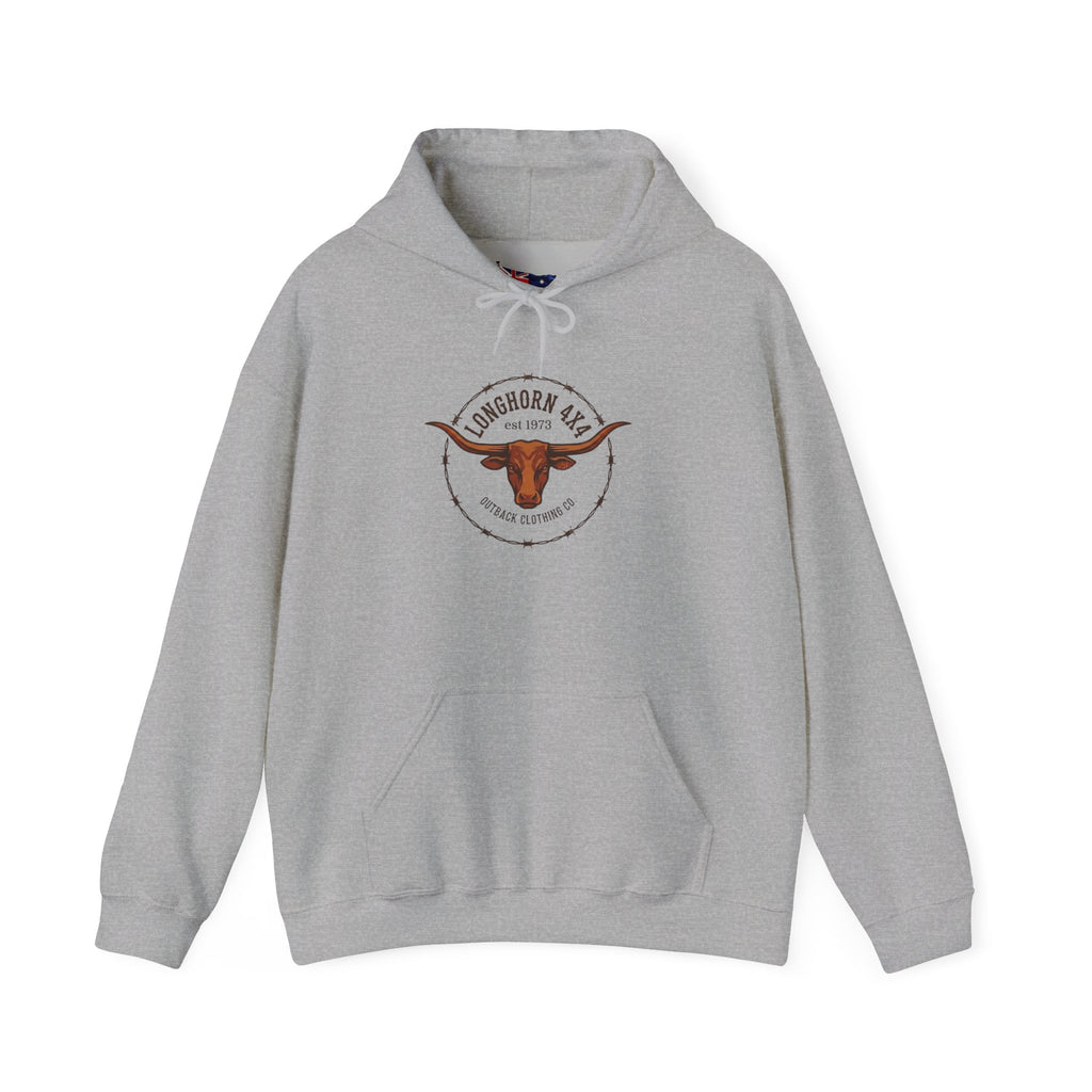 Gray hoodie with a logo on a white background