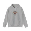 Gray hoodie with a logo on a white background