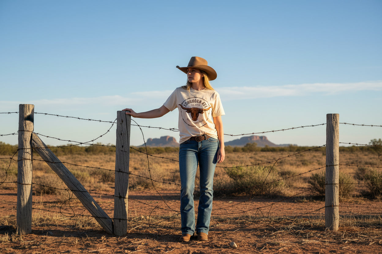 Beige t-shirt with longhorn bull graphic and text on a Country outback theme by a broken fence background