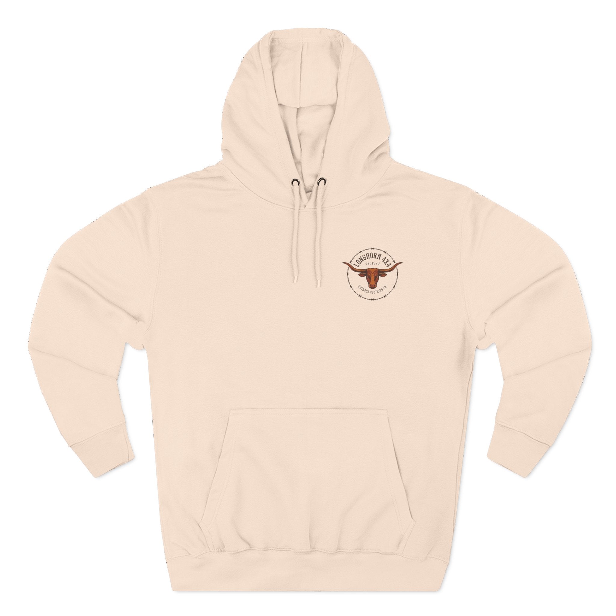 Beige hoodie with a logo on the chest against a white background