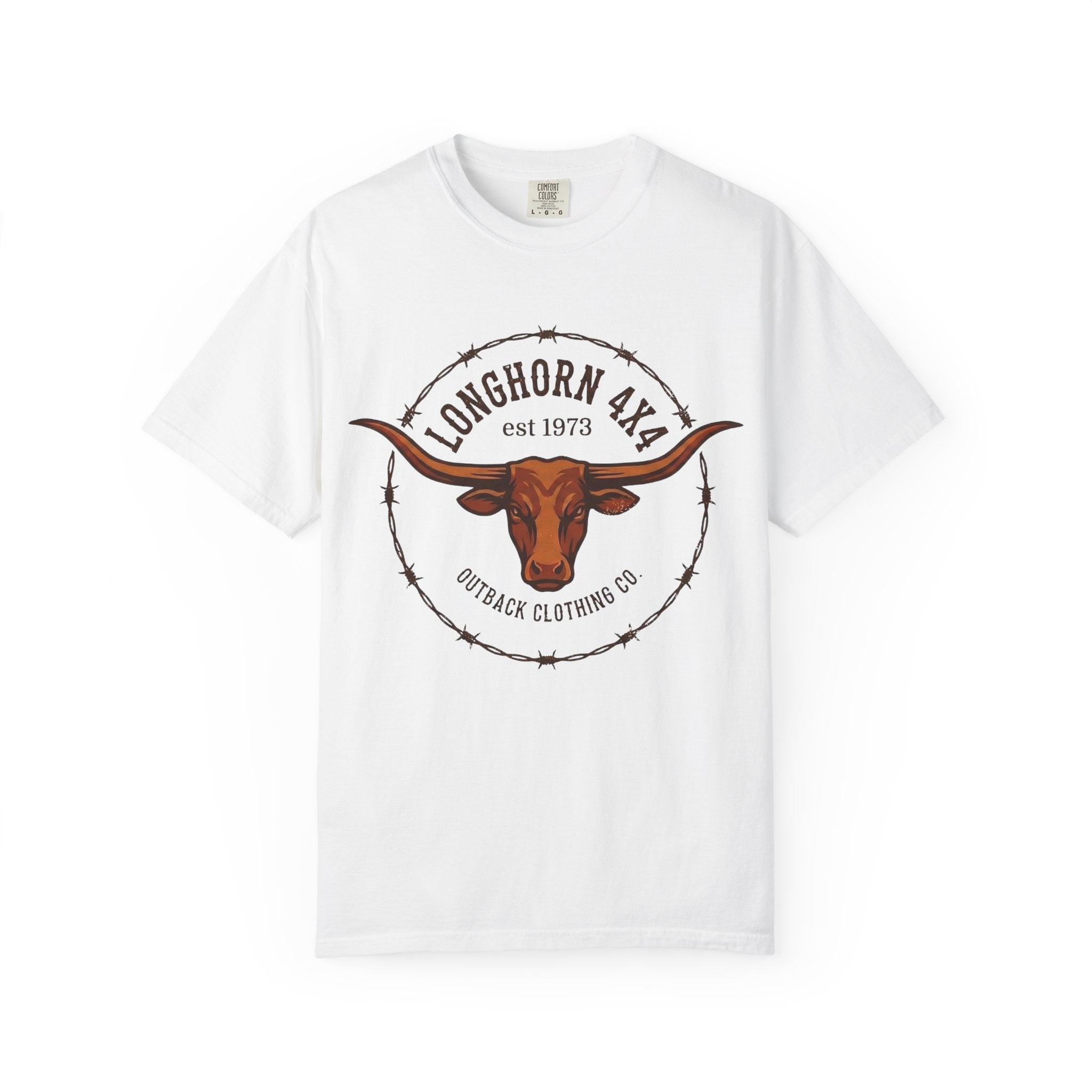 White t-shirt with longhorn logo and text on a white background