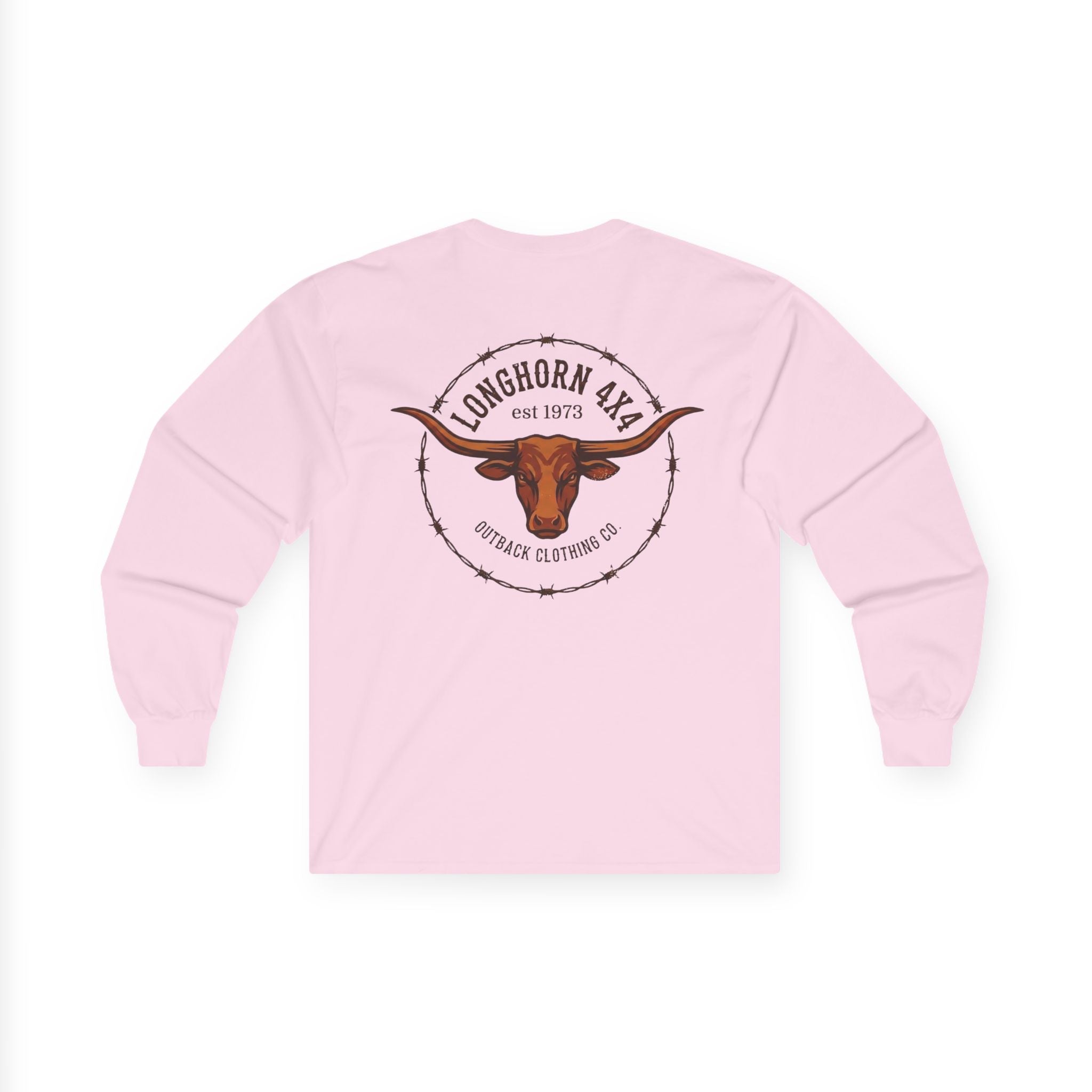 Pink long-sleeve shirt with a longhorn logo on a white background