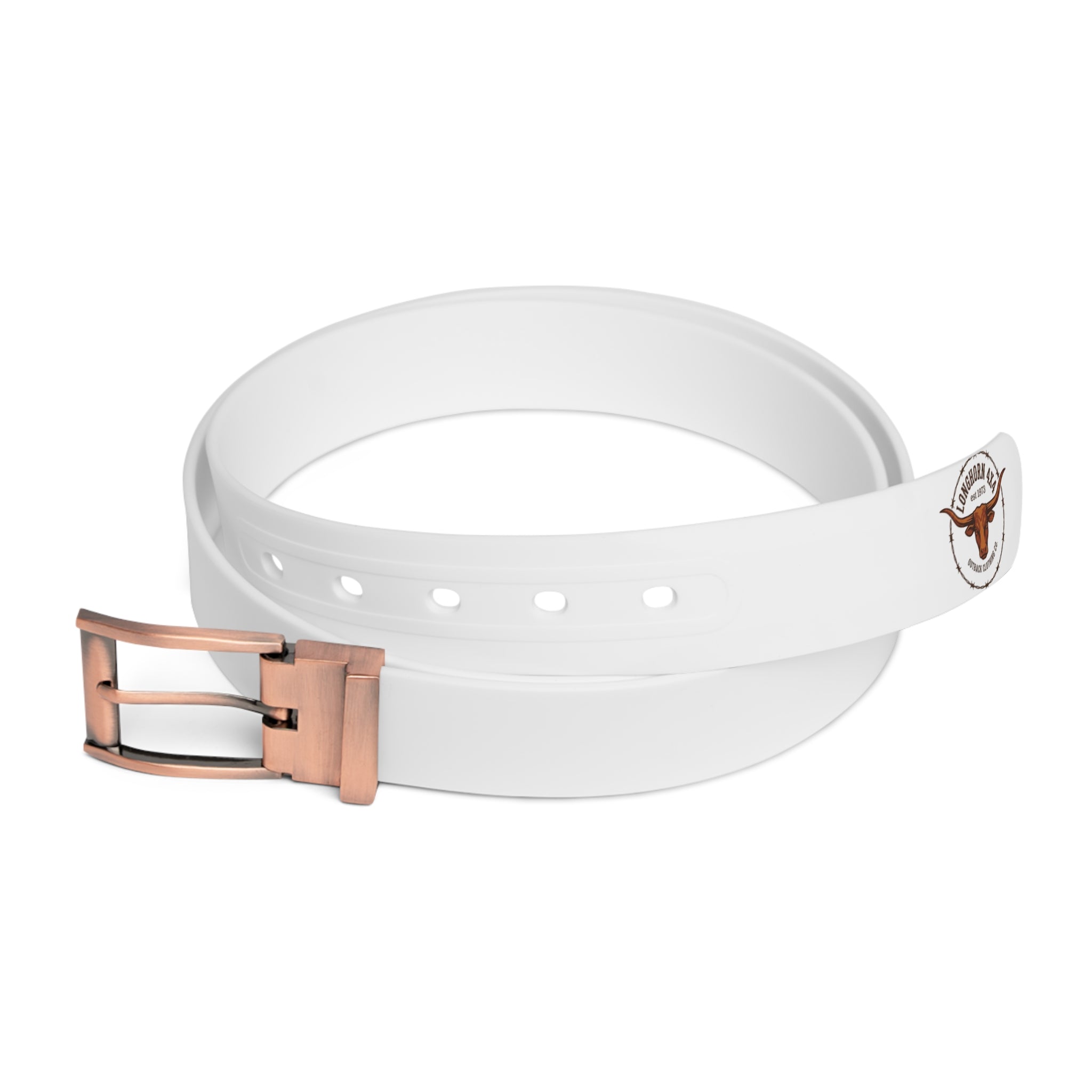 White belt with a rose gold buckle on a white background