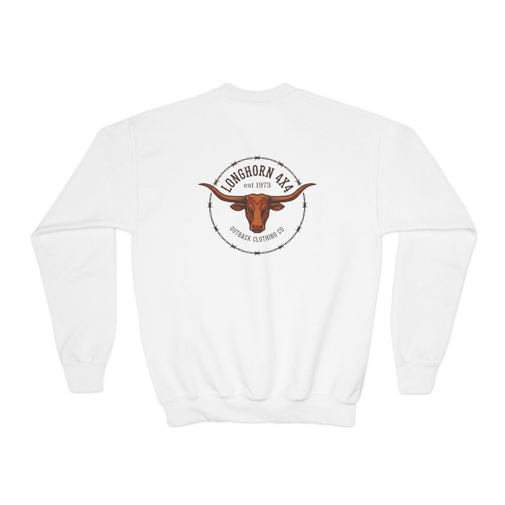 White sweatshirt with a longhorn logo on the back against a white background