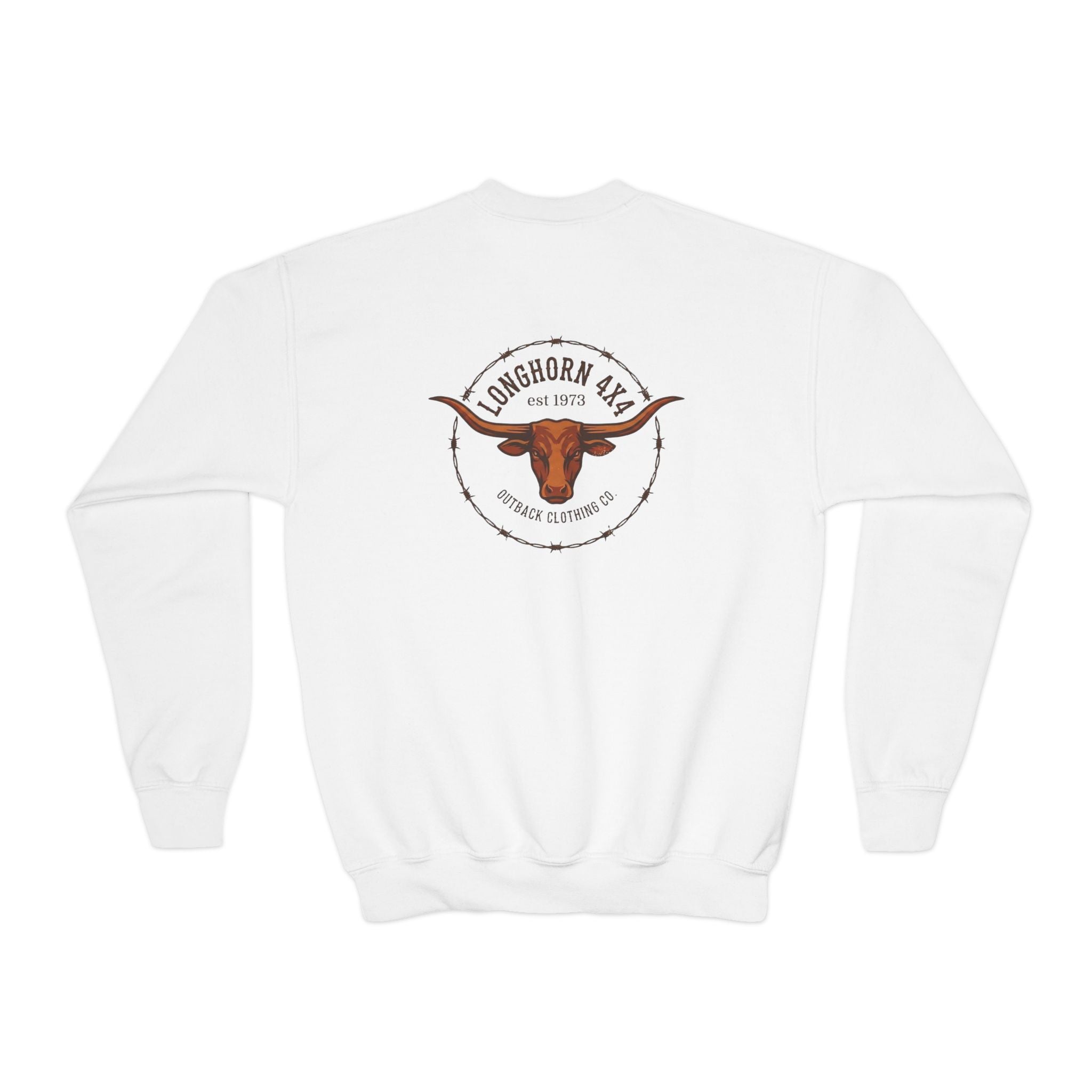 White sweatshirt with a longhorn logo on the back against a white background