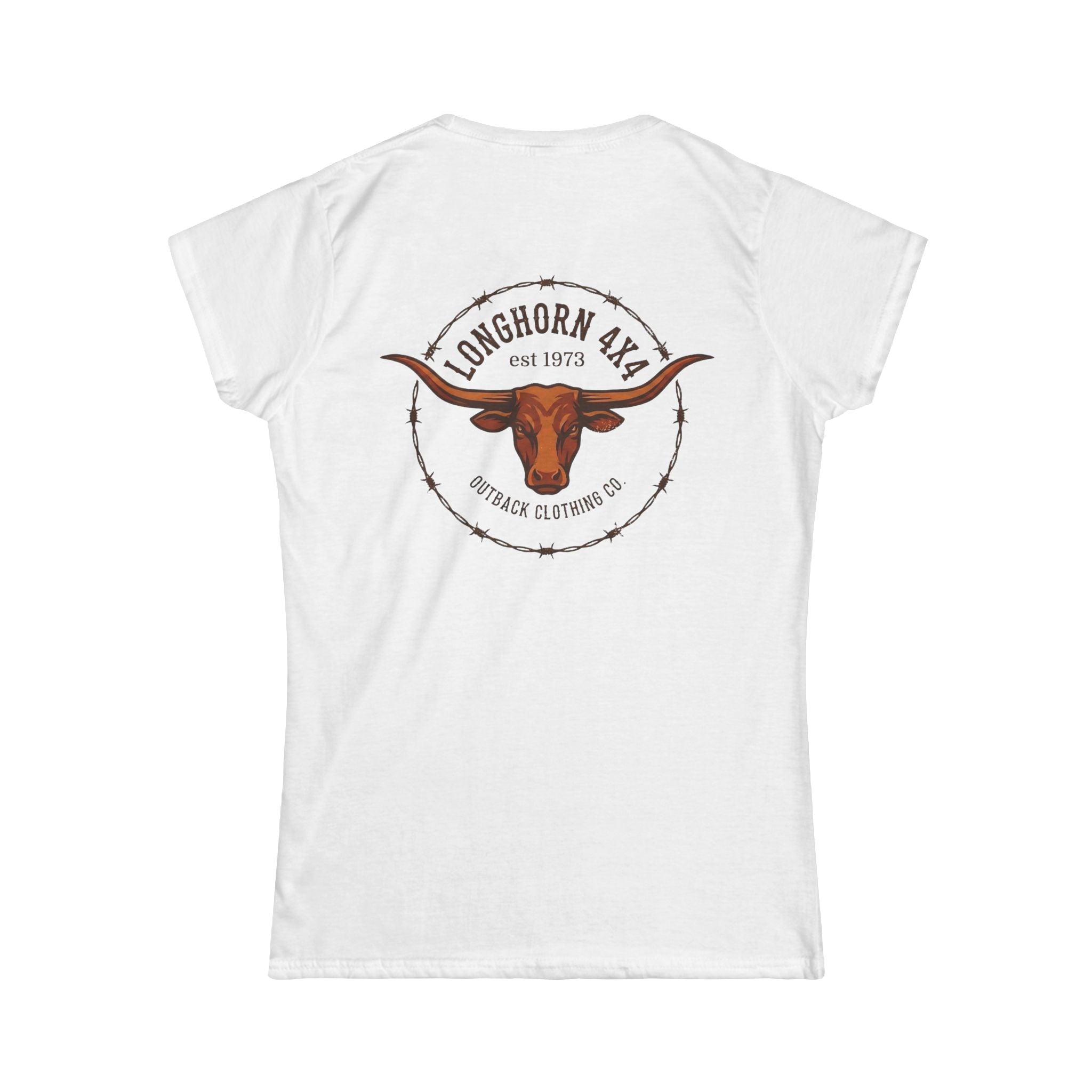 White t-shirt with longhorn 4x4 logo on a white background