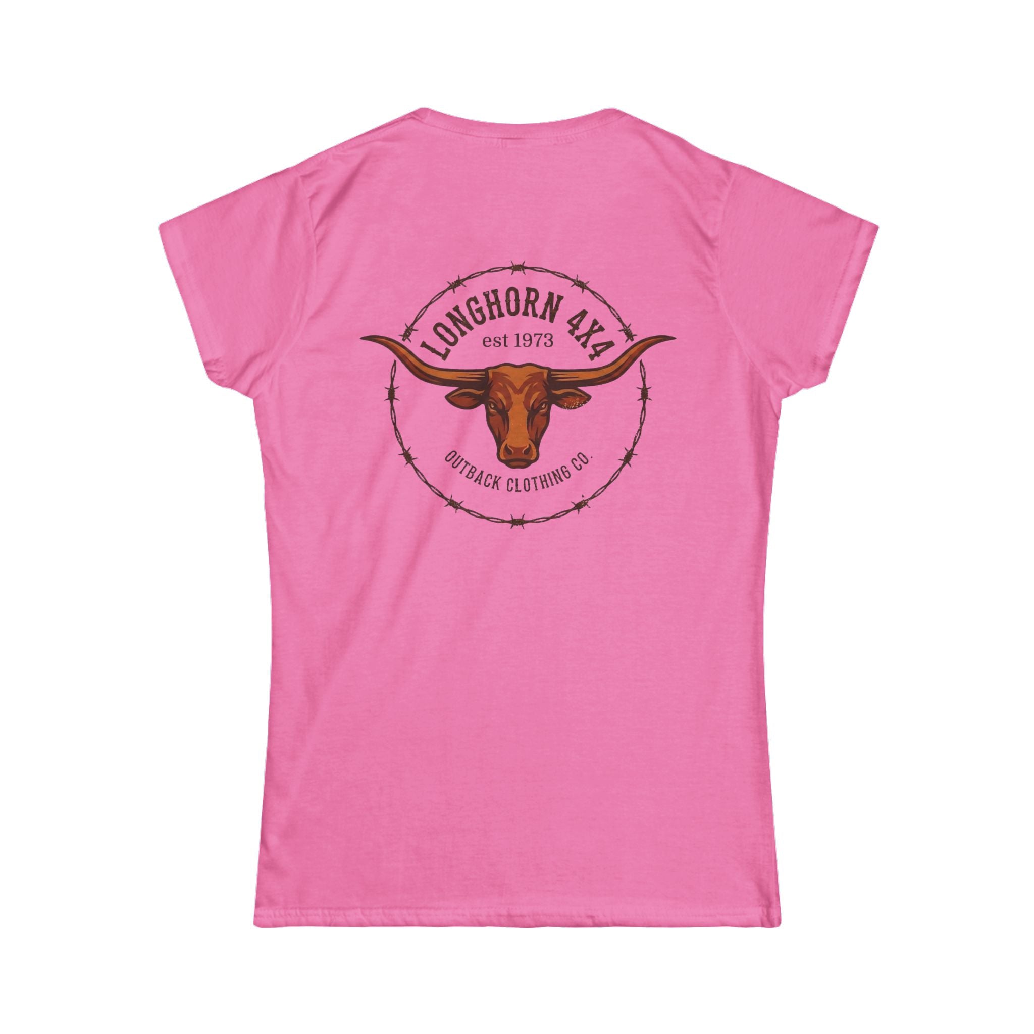 Pink t-shirt with a longhorn design on the back against a white background