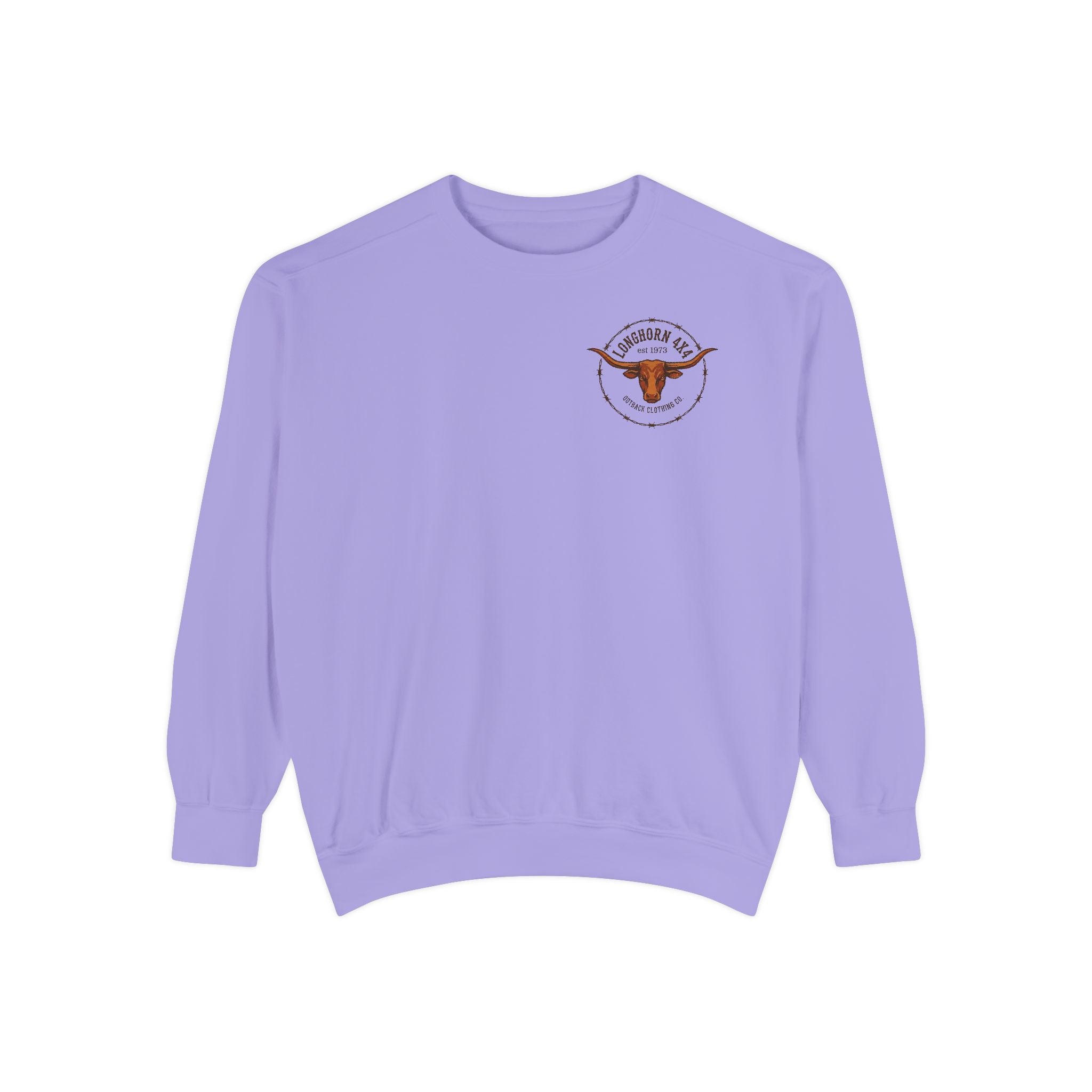 Purple sweatshirt with a logo on the chest against a white background